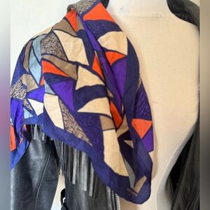 designer galeries lafayette paris silk scarf blue geometric pattern 25x25”square